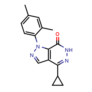 Chemical structure of 4-cyclopropyl-1-(2,4-dimethylphenyl)-1,6-dihydro-7H-pyrazolo[3,4-d]pyridazin-7-one , CAS 1105197-25-8, AChemBlock AD245033