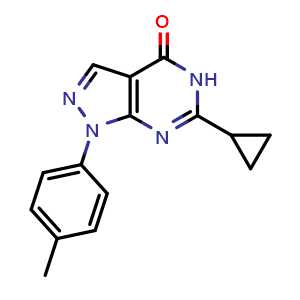 Chemical structure of 6-cyclopropyl-1-(4-methylphenyl)-1,5-dihydro-4H-pyrazolo[3,4-d]pyrimidin-4-one , CAS 1105198-46-6, AChemBlock AD245035