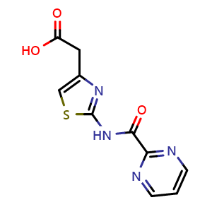 Chemical structure of {2-[(pyrimidin-2-ylcarbonyl)amino]-1,3-thiazol-4-yl}acetic acid , CAS 1283109-10-3, AChemBlock AD245038
