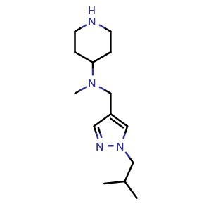 Chemical structure of N-methyl-N-{[1-(2-methylpropyl)-1H-pyrazol-4-yl]methyl}piperidin-4-amine , CAS 2140316-96-5, AChemBlock AD245057