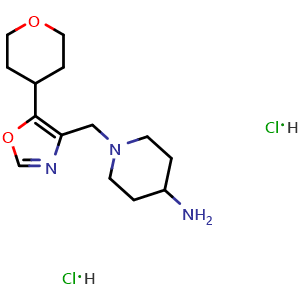 Chemical structure of 1-{[5-(oxan-4-yl)-1,3-oxazol-4-yl]methyl}piperidin-4-amine dihydrochloride , CAS 2140316-40-9, AChemBlock AD245060