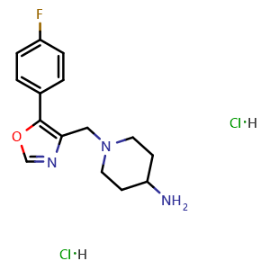 Chemical structure of 1-{[5-(4-fluorophenyl)-1,3-oxazol-4-yl]methyl}piperidin-4-amine dihydrochloride , CAS 2140305-31-1, AChemBlock AD245061