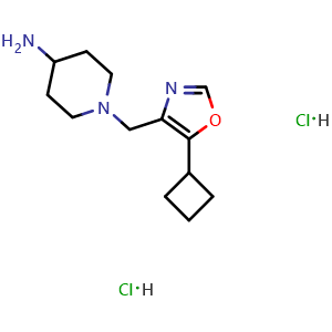 Chemical structure of 1-[(5-cyclobutyl-1,3-oxazol-4-yl)methyl]piperidin-4-amine dihydrochloride , CAS 2140316-43-2, AChemBlock AD245063