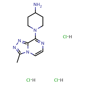 Chemical structure of 1-{3-methyl-[1,2,4]triazolo[4,3-a]pyrazin-8-yl}piperidin-4-amine trihydrochloride , CAS 2169997-57-1, AChemBlock AD245064