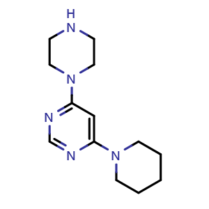 Chemical structure of 4-piperazin-1-yl-6-piperidin-1-ylpyrimidine , CAS 1204296-32-1, AChemBlock AD245083