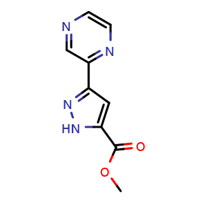 Chemical structure of methyl 3-(pyrazin-2-yl)-1H-pyrazole-5-carboxylate , CAS 1873310-01-0, AChemBlock AD245087