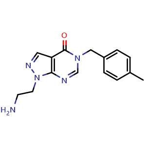 Chemical structure of 1-(2-Aminoethyl)-5-(4-methylbenzyl)-1,5-dihydro-4H-pyrazolo[3,4-d]pyrimidin-4-one , CAS 1105196-83-5, AChemBlock AD245106