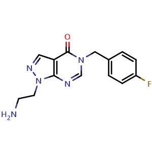 Chemical structure of 1-(2-Aminoethyl)-5-(4-fluorobenzyl)-1,5-dihydro-4H-pyrazolo[3,4-d]pyrimidin-4-one , CAS 1105196-86-8, AChemBlock AD245107