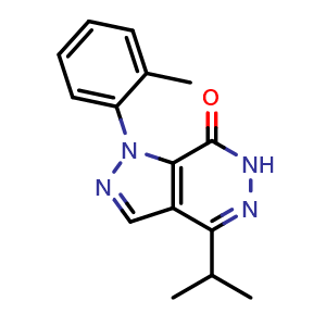 Chemical structure of 4-Isopropyl-1-(2-methylphenyl)-1,6-dihydro-7H-pyrazolo[3,4-d]pyridazin-7-one , CAS 1105197-18-9, AChemBlock AD245109