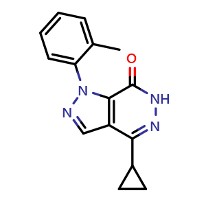 Chemical structure of 4-Cyclopropyl-1-(2-methylphenyl)-1,6-dihydro-7H-pyrazolo[3,4-d]pyridazin-7-one , CAS 1105197-37-2, AChemBlock AD245110