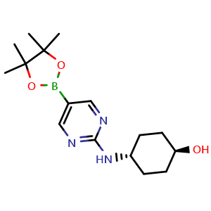 Chemical structure of trans-4-{[5-(4,4,5,5-tetramethyl-1,3,2-dioxaborolan-2-yl)pyrimidin-2-yl]amino}cyclohexan-1-ol , CAS 2845077-30-5, AChemBlock AD245139