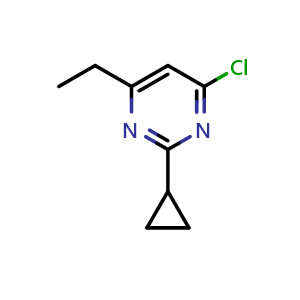 Chemical structure of 4-chloro-2-cyclopropyl-6-ethylpyrimidine , CAS 1155151-80-6, AChemBlock AD245142
