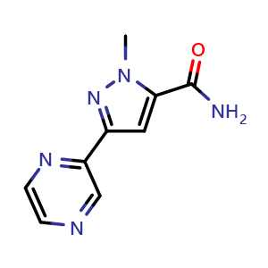 Chemical structure of 1-Methyl-3-(pyrazin-2-yl)-1H-pyrazole-5-carboxamide , CAS 2095410-85-6, AChemBlock AD245156