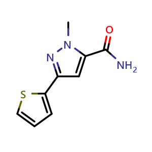 Chemical structure of 1-Methyl-3-(thiophen-2-yl)-1H-pyrazole-5-carboxamide , CAS 876316-90-4, AChemBlock AD245157