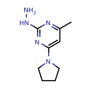 Chemical structure of 2-hydrazinyl-4-methyl-6-(pyrrolidin-1-yl)pyrimidine , CAS 1499423-07-2, AChemBlock AD245191