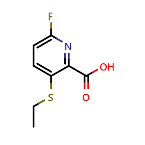 Chemical structure of 3-(ethylsulfanyl)-6-fluoropyridine-2-carboxylic acid , CAS 2640815-83-2, AChemBlock AD245216
