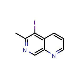 Chemical structure of 5-iodo-6-methyl-1,7-naphthyridine , CAS 2379945-76-1, AChemBlock AD245254