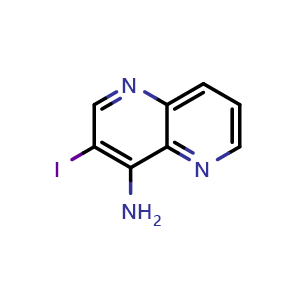 Chemical structure of 3-iodo-1,5-naphthyridin-4-amine , CAS 2548984-93-4, AChemBlock AD245266