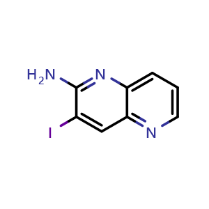 Chemical structure of 3-iodo-1,5-naphthyridin-2-amine , CAS 2548984-85-4, AChemBlock AD245267