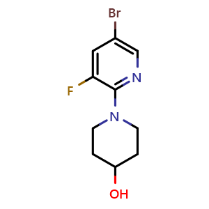 Chemical structure of 1-(5-bromo-3-fluoropyridin-2-yl)piperidin-4-ol , CAS 1690543-26-0, AChemBlock AD245320