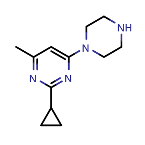 Chemical structure of 2-cyclopropyl-4-methyl-6-(piperazin-1-yl)pyrimidine , CAS 1707735-29-2, AChemBlock AD245341