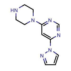 Chemical structure of 4-(piperazin-1-yl)-6-(1H-pyrazol-1-yl)pyrimidine , CAS 1707375-71-0, AChemBlock AD245343