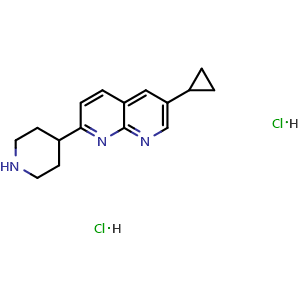 Chemical structure of 6-cyclopropyl-2-(piperidin-4-yl)-1,8-naphthyridine dihydrochloride , CAS 2749422-11-3, AChemBlock AD245347