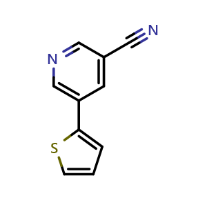 Chemical structure of 5-(thiophen-2-yl)pyridine-3-carbonitrile , CAS 1346687-10-2, AChemBlock AD245373