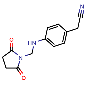 Chemical structure of 2-(4-{[(2,5-dioxopyrrolidin-1-yl)methyl]amino}phenyl)acetonitrile , CAS 2379945-88-5, AChemBlock AD245379