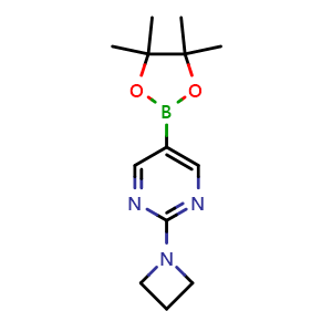 Chemical structure of 2-(azetidin-1-yl)-5-(4,4,5,5-tetramethyl-1,3,2-dioxaborolan-2-yl)pyrimidine , CAS 1448172-67-5, AChemBlock AD245383