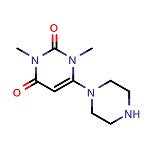 Chemical structure of 1,3-Dimethyl-6-(piperazin-1-yl)-1,2,3,4-tetrahydropyrimidine-2,4-dione , CAS 80210-72-6, AChemBlock AD245387