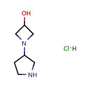 Chemical structure of 1-(pyrrolidin-3-yl)azetidin-3-ol hydrochloride , CAS 2411637-16-4, AChemBlock AD245389