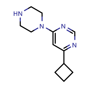 Chemical structure of 4-cyclobutyl-6-(piperazin-1-yl)pyrimidine , CAS 2098134-15-5, AChemBlock AD245417
