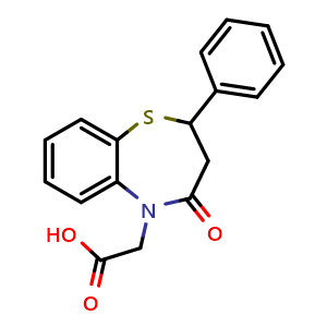 Chemical structure of 2-(4-oxo-2-phenyl-2,3,4,5-tetrahydro-1,5-benzothiazepin-5-yl)acetic acid , CAS 89813-73-0, AChemBlock AD245421