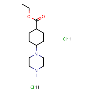 Chemical structure of ethyl 4-(piperazin-1-yl)cyclohexane-1-carboxylate dihydrochloride , CAS 2097968-37-9, AChemBlock AD245428