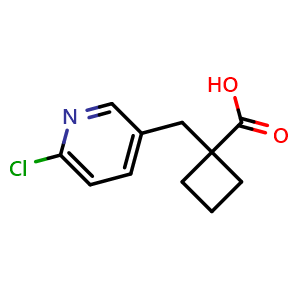 Chemical structure of 1-[(6-chloropyridin-3-yl)methyl]cyclobutane-1-carboxylic acid , CAS 1556671-16-9, AChemBlock AD245433