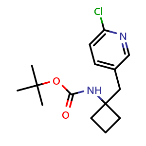 Chemical structure of tert-Butyl N-{1-[(6-chloropyridin-3-yl)methyl]cyclobutyl}carbamate , CAS 2504203-39-6, AChemBlock AD245445