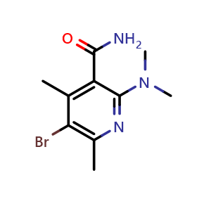 Chemical structure of 5-bromo-2-(dimethylamino)-4,6-dimethylpyridine-3-carboxamide , CAS 2140316-45-4, AChemBlock AD245469