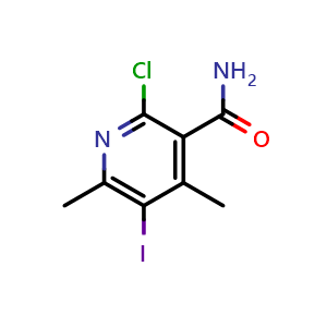 Chemical structure of 2-chloro-5-iodo-4,6-dimethylpyridine-3-carboxamide , CAS 2197061-58-6, AChemBlock AD245478