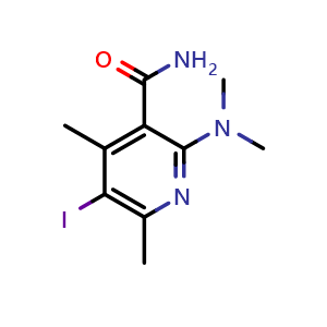 Chemical structure of 2-(dimethylamino)-5-iodo-4,6-dimethylpyridine-3-carboxamide , CAS 2222511-86-4, AChemBlock AD245482