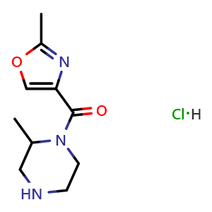 Chemical structure of 2-methyl-1-(2-methyl-1,3-oxazole-4-carbonyl)piperazine hydrochloride , CAS 2097937-24-9, AChemBlock AD245571