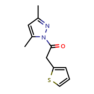 Chemical structure of 1-(3,5-Dimethyl-1h-pyrazol-1-yl)-2-(thiophen-2-yl)ethan-1-one , CAS 380560-41-8, AChemBlock AD245588