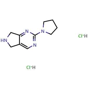 Chemical structure of 2-(pyrrolidin-1-yl)-6,7-dihydro-5H-pyrrolo[3,4-d]pyrimidine dihydrochloride , CAS 1864058-89-8, AChemBlock AD245605