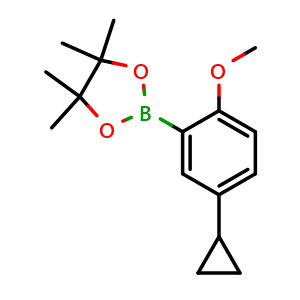 Chemical structure of 2-(5-Cyclopropyl-2-methoxyphenyl)-4,4,5,5-tetramethyl-1,3,2-dioxaborolane , CAS 2223039-51-6, AChemBlock AD245614