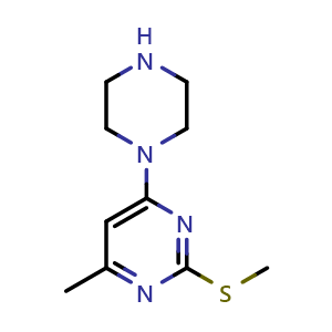 Chemical structure of 4-methyl-2-(methylsulfanyl)-6-(piperazin-1-yl)pyrimidine , CAS 874782-16-8, AChemBlock AD245627