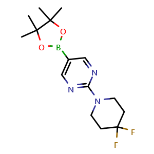 Chemical structure of 2-(4,4-difluoropiperidin-1-yl)-5-(4,4,5,5-tetramethyl-1,3,2-dioxaborolan-2-yl)pyrimidine , CAS 2300135-99-1, AChemBlock AD245680