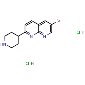 Chemical structure of 6-bromo-2-(piperidin-4-yl)-1,8-naphthyridine dihydrochloride , CAS 2602564-59-8, AChemBlock AD245694