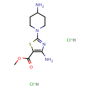 Chemical structure of methyl 4-amino-2-(4-aminopiperidin-1-yl)-1,3-thiazole-5-carboxylate dihydrochloride , CAS 2877627-99-9, AChemBlock AD245696