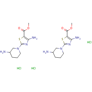 Chemical structure of methyl 4-amino-2-(3-aminopiperidin-1-yl)thiazole-5-carboxylate sesquihydrochloride , CAS 2877628-14-1, AChemBlock AD245697