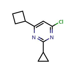 Chemical structure of 4-chloro-6-cyclobutyl-2-cyclopropylpyrimidine , CAS 1412954-23-4, AChemBlock AD245705